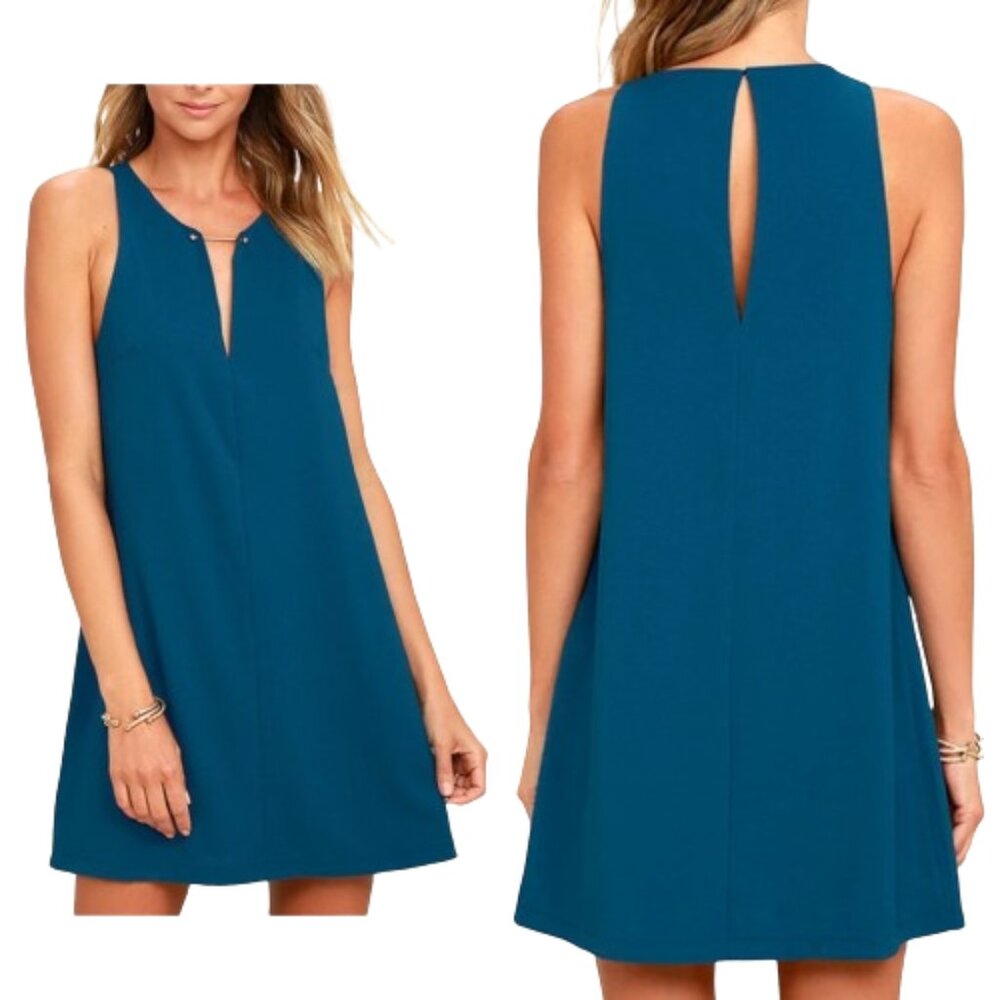 Lulus Near or Bar Teal Blue Shift Dress D20592AL Short Keyhole Neck Mini